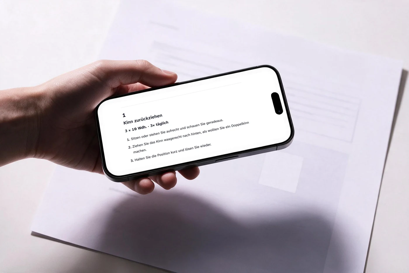 KI-generiertes Symbolbild — eine Hand hält ein Telefon quer über einen Ausdruck auf dem Tisch, auf dem Bildschirm eine Übung des Plans mit Dosierung und Schritten.