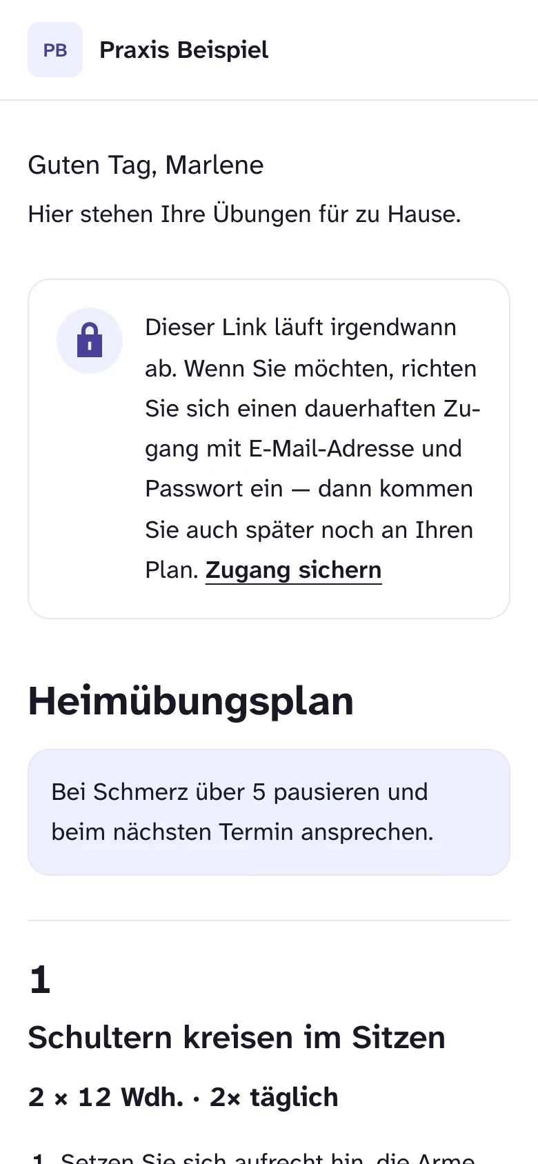 Die Patientenansicht auf dem Handy: Begrüßung mit Vornamen, Plantitel, Hinweis der Praxis und darunter die nummerierten Übungen mit Dosierung.