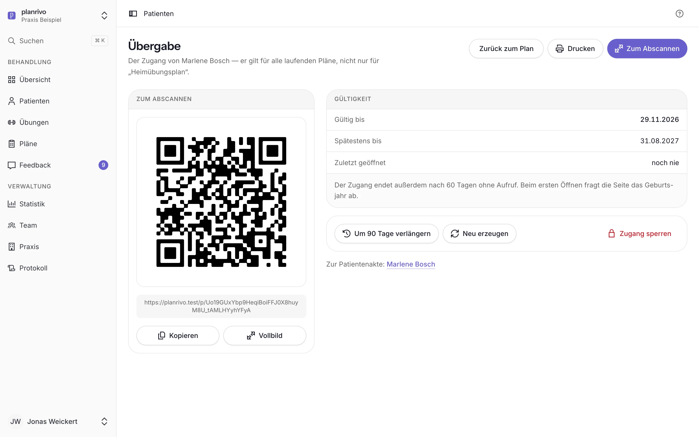 Die Übergabeansicht: QR-Code im Großformat, daneben Gültigkeit des Zugangs und die Knöpfe zum Verlängern, Neu erzeugen und Sperren.
